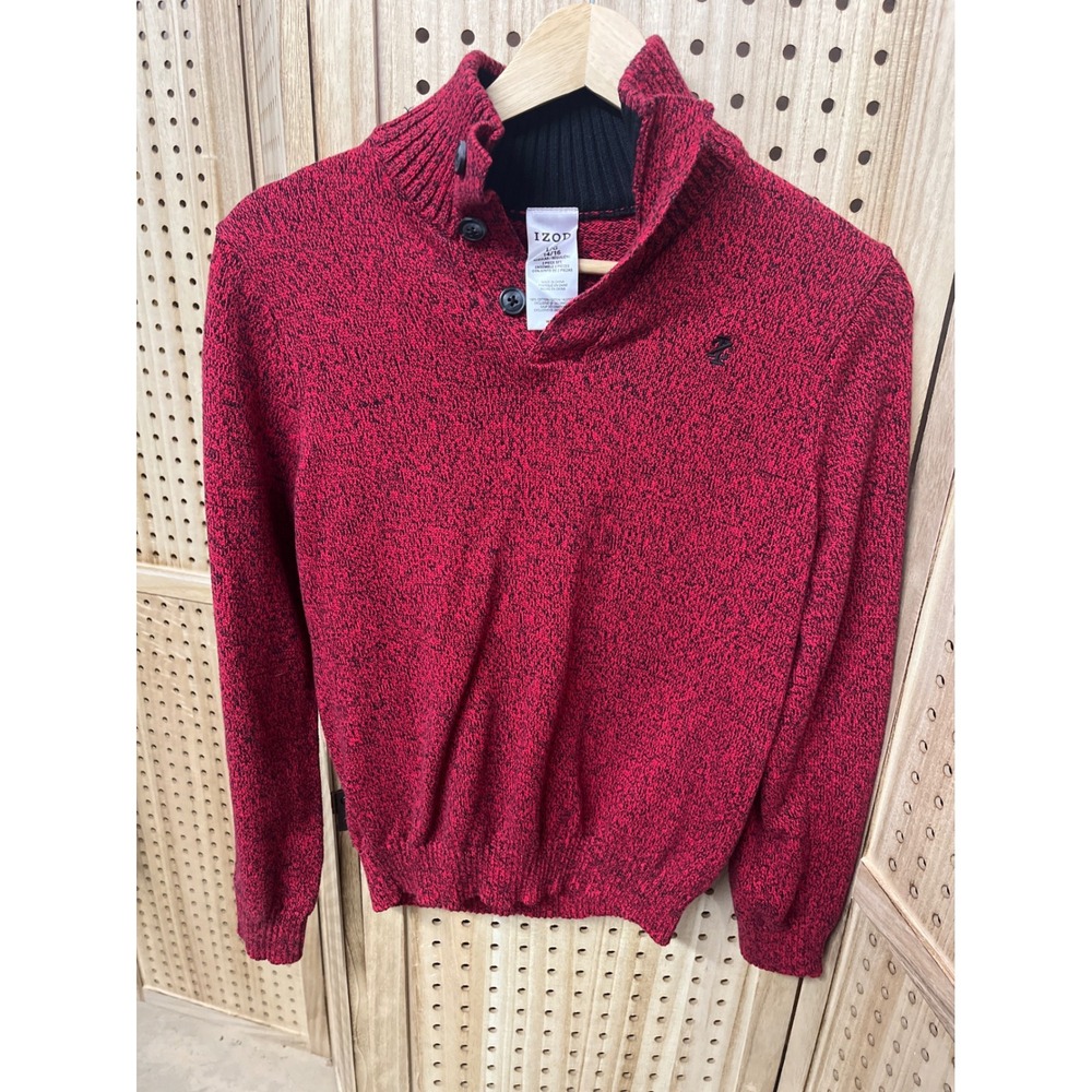 IZOD Kids Sweater Red Black Speckled Pullover Mock Neck Button Boys L G 14/ 16